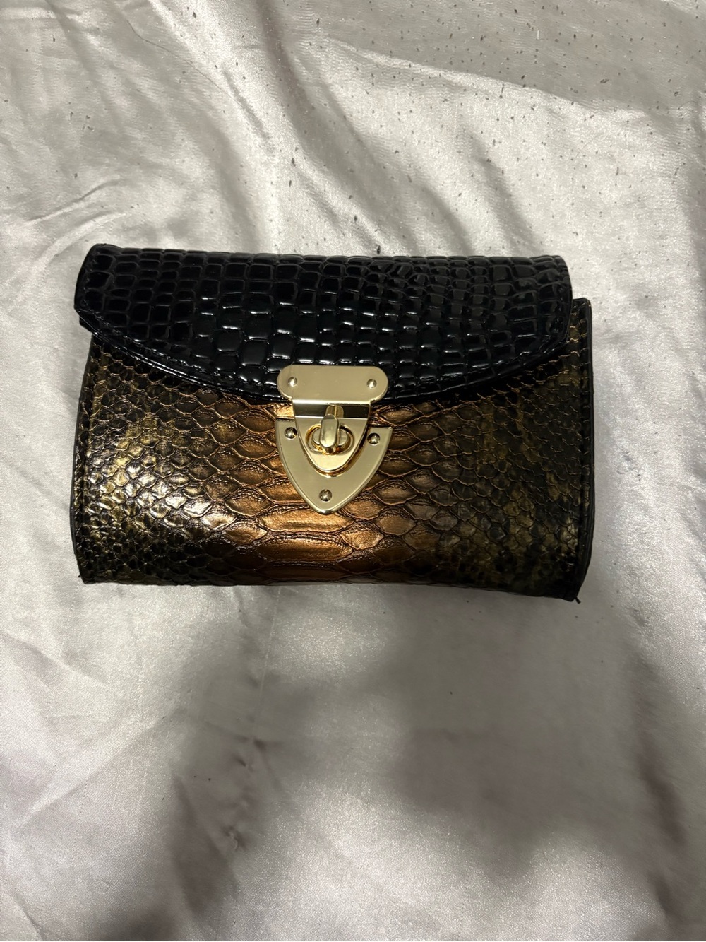 Black and Bronze Faux-Snake Clutch with Gold Lock